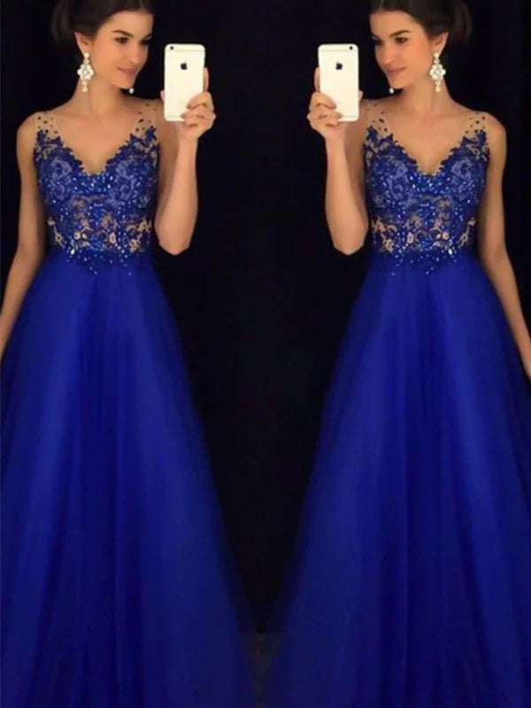 Gorgeous V-neck Sleeveless Long With Appliques Tulle Prom Dress