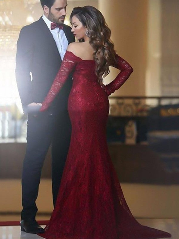 Chic Mermaid Off-the-Shoulder Long Sleeves Long Ruffles Lace Prom Dress