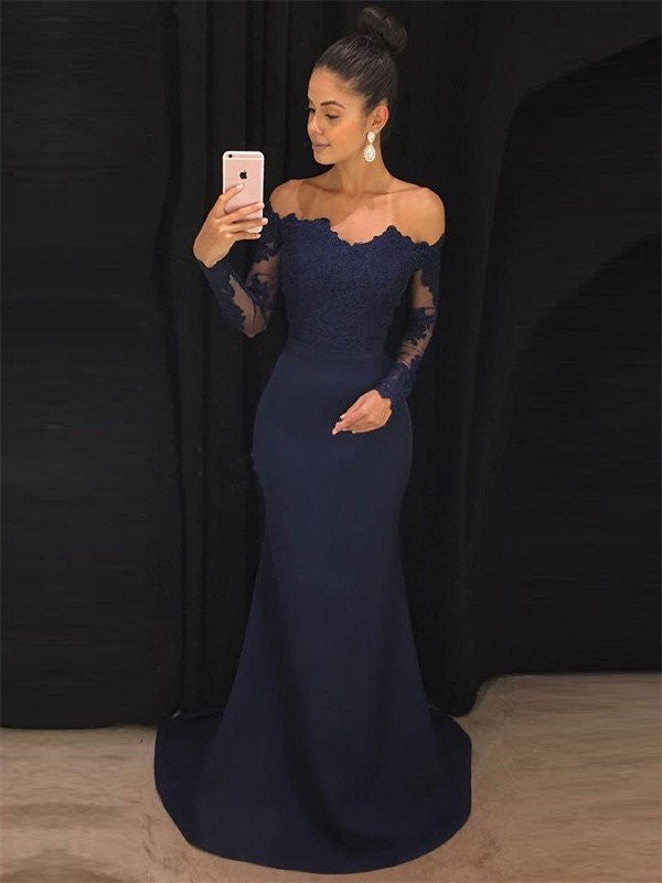 Chic Mermaid Off-the-Shoulder Long Sleeves  Lace Stretch Crepe Prom Dress